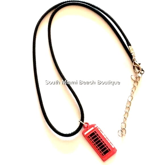 London England UK Phone Booth Box Necklace Red Charm Black Cord Enamel Britain - Picture 4 of 7